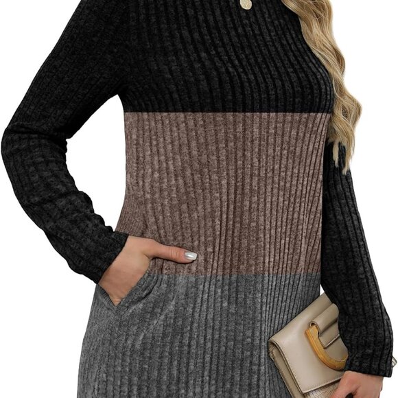 Elegant Long Sleeve Colorblock Tunic with Pockets for Chic Fall Fashion 2025 - Picture 3 of 4